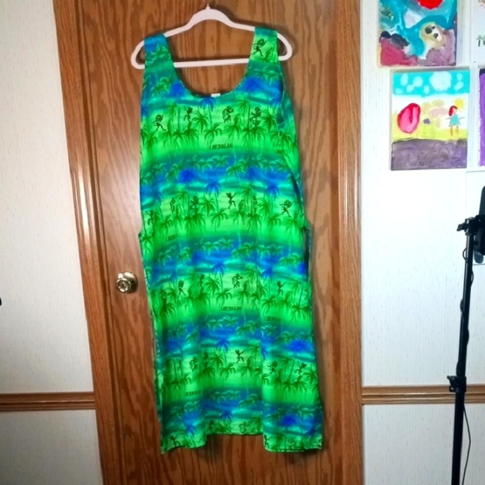 Rima, Vibrant Green and Blue Tropical Dress, Beachy, Cruise, Vacation, Tribal